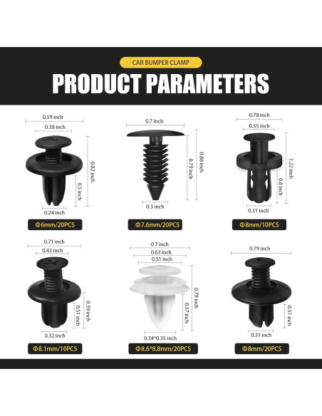 Kit 100 Sujetadores de Parachoques Nylon Bookeel 6.3-10mm
