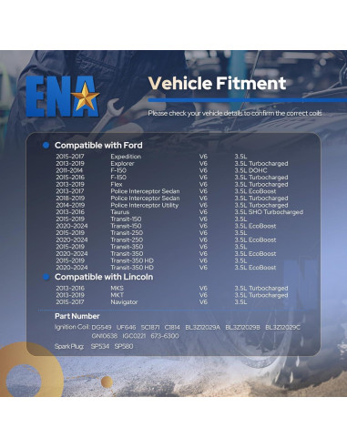 Juego de 6 Bobinas de Encendido y Bujías Iridio ENA 3.5L Ford