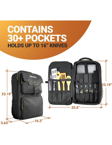 Mochila de Chef Chef Sac CS-1034-BLK Resistente al Agua 21+ Bolsillos