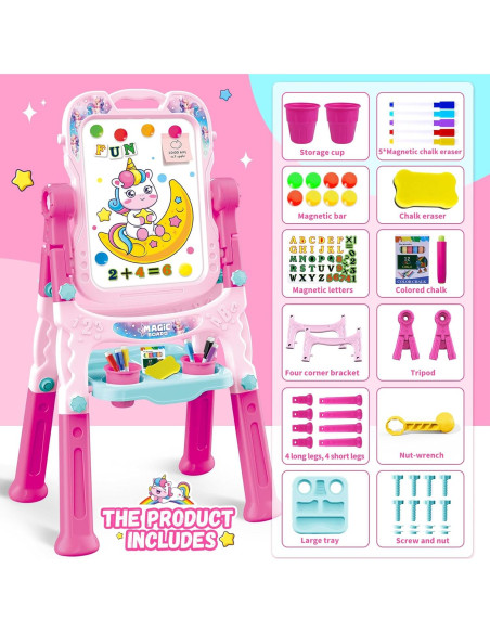 Caballete de Arte Ajustable Rosa para Niños 3-5 Años - Doble Cara