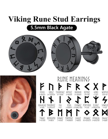 Pendientes de Ónix Negro con Runas Vikingas en Plata 925