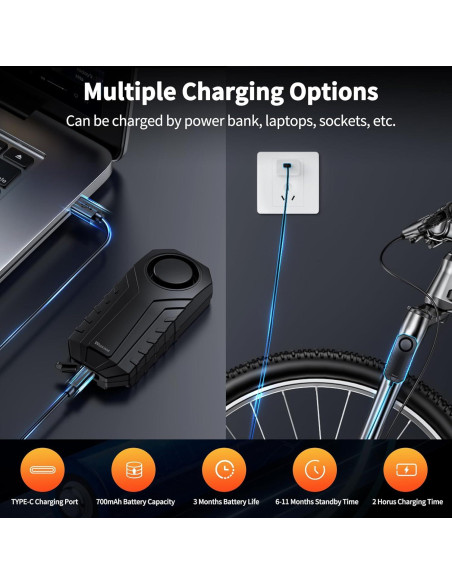 Alarma Inalámbrica para Bicicleta WSDCAM 113dB Recargable IP65