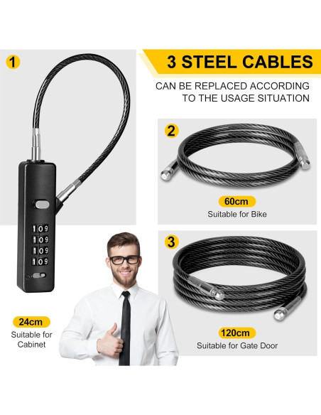 Candado de Cable de Combinación DELSWIN 4 Dígitos con 3 Cables