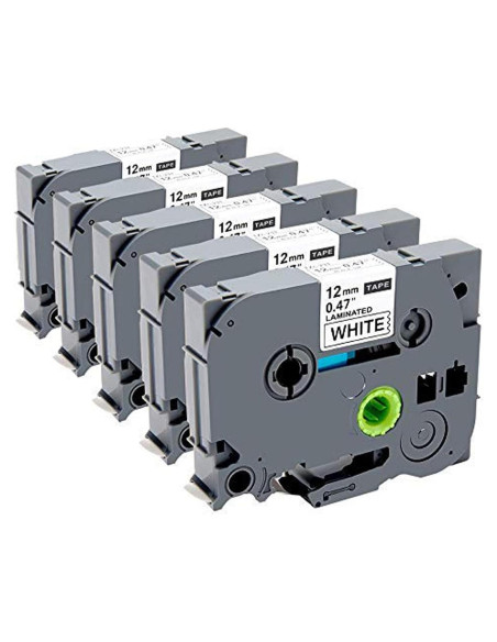 Cinta de Etiqueta Laminada Zencoma TZ 12mm Negra sobre Blanco - Paquete de 5