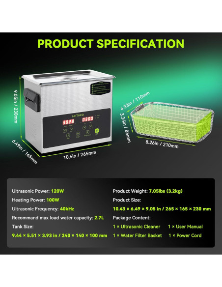 Limpiador ultrasónico 3L MNTNCO con modo ECO y calefacción