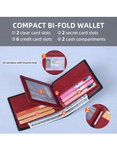Billetera VISOUL Bifold de Cuero con Bloqueo RFID - Negro/Burdeos 2