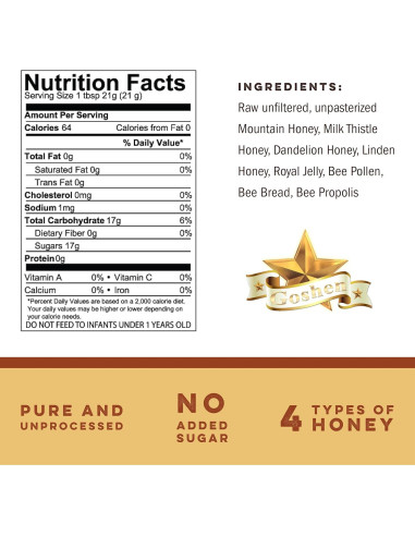 Complejo de Miel Cruda Goshen - 4 Tipos de Miel y Productos de Colmena 454g