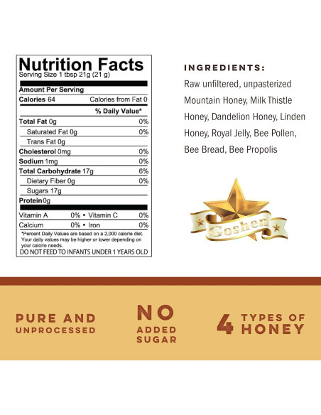 Complejo de Miel Cruda Goshen - 4 Tipos de Miel y Productos de Colmena 454g