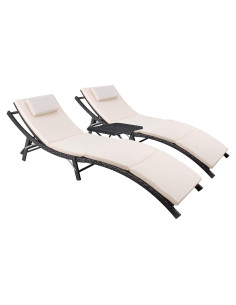 Conjunto de Chaise Lounge de Patio Devoko Rattan 3 Piezas Beige