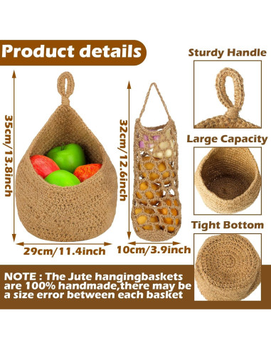 Cestas Colgantes de Yute Xuhal 4 Pcs para Cocina 35x29 cm
