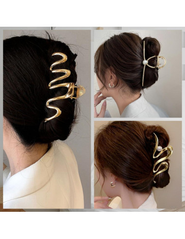3 Clips de Garra de Metal Dorado Antideslizantes 11 cm para Cabello