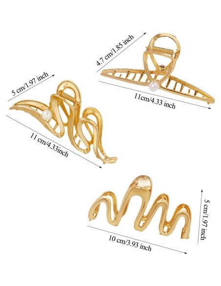 3 Clips de Garra de Metal Dorado Antideslizantes 11 cm para Cabello