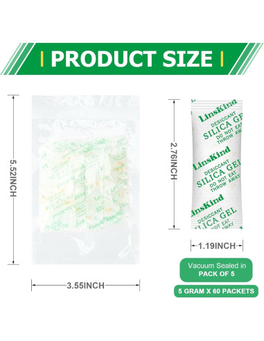 Gel de Silica LinsKind 5g [60 Paquetes] Grado Alimenticio