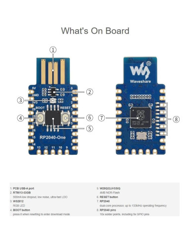 Placa de Desarrollo Waveshare RP2040-One 4MB Flash USB-A