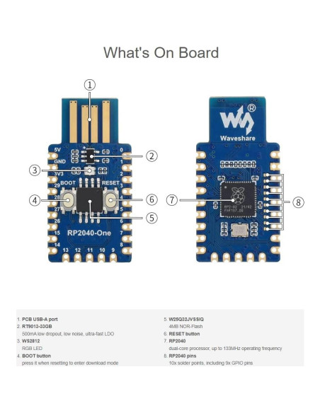 Placa de Desarrollo Waveshare RP2040-One 4MB Flash USB-A