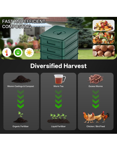 Compostador de Lombrices TOP XIAN 85L 5 Capas Verde