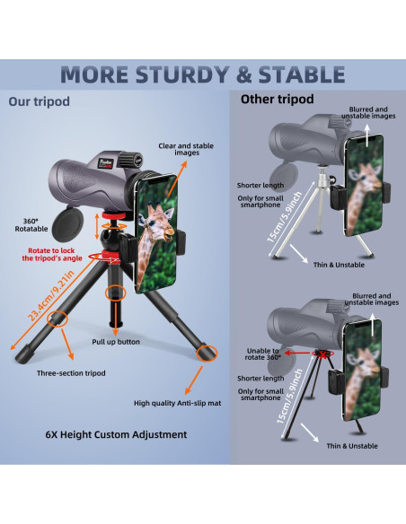 Monocular Pankoo 12x60 Alta Potencia con Adaptador y Trípode