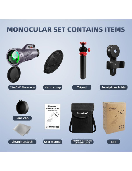 Monocular Pankoo 12x60 Alta Potencia con Adaptador y Trípode