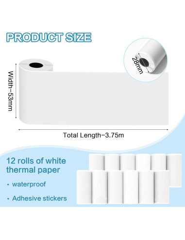 12 Rollos Papel Térmico Autoadhesivo BYBOUS 53mm x 3.75m