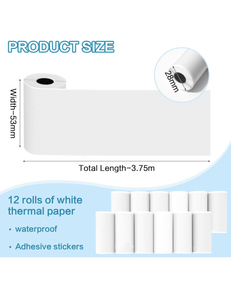 12 Rollos Papel Térmico Autoadhesivo BYBOUS 53mm x 3.75m