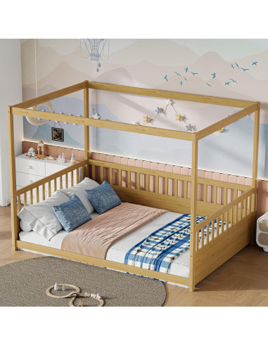 Cama de Piso Montessori NUPczxg de Madera Natural 144.5x195.2 cm