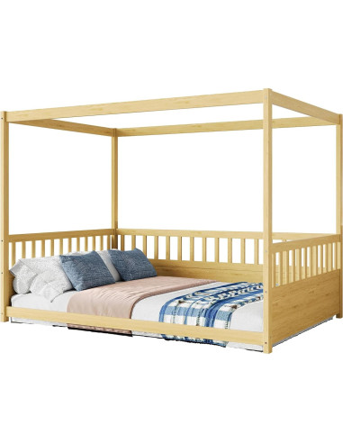 Cama de Piso Montessori NUPczxg de Madera Natural 144.5x195.2 cm