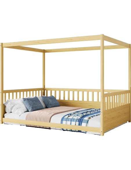 Cama de Piso Montessori NUPczxg de Madera Natural 144.5x195.2 cm