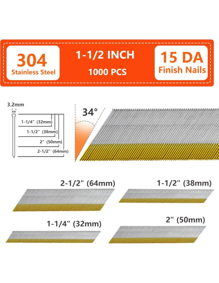Clavos de Acabado Angulados 15GA Acero Inoxidable 304 1000 Unidades