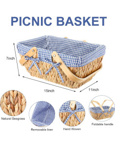 Cesta de Picnic Tiangrid Mimbre con Plato de Bambú Azul Blanco 2