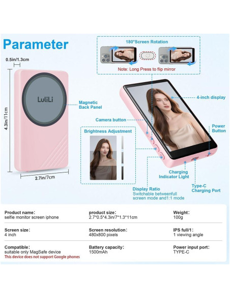 Pantalla Selfie LuliLi para iPhone y Android 4K, Brillo Ajustable
