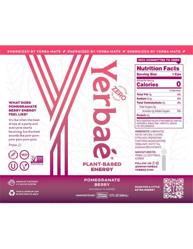 Yerbaé Energy Seltzer Granada Baya - Sin Azúcar, 12 Latas