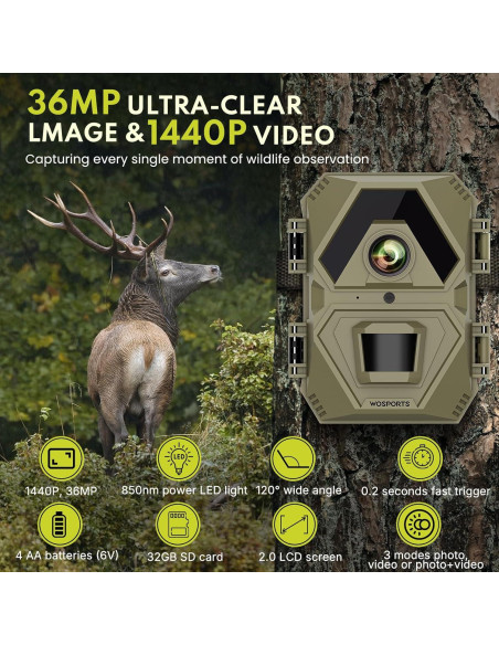 Cámara de sendero WOSPORTS H37 36MP 1440P visión nocturna