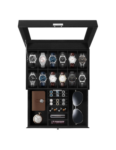 Caja de Relojes Uten de 12 Compartimentos con Tapa de Vidrio