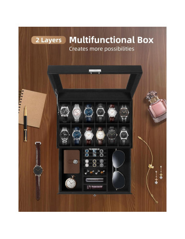 Caja de Relojes Uten de 12 Compartimentos con Tapa de Vidrio