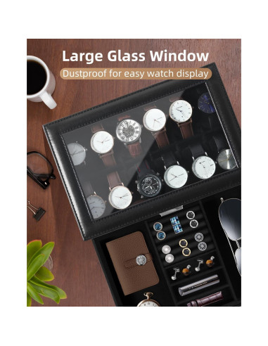 Caja de Relojes Uten de 12 Compartimentos con Tapa de Vidrio