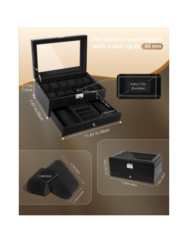 Caja de Relojes Uten de 12 Compartimentos con Tapa de Vidrio