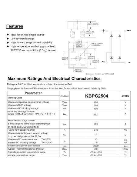 Diodo Rectificador Puente ALLECIN KBPC2504 25A 400V - Paquete de 5