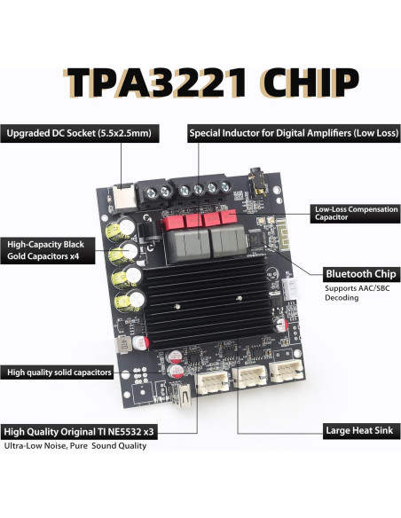 Amplificador de Potencia T100HS-W 100W+100W Bluetooth 12V-30V