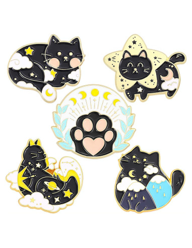 Conjunto de 5 Pines de Esmalte de Gato Negro Fsmiling