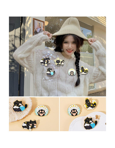 Conjunto de 5 Pines de Esmalte de Gato Negro Fsmiling