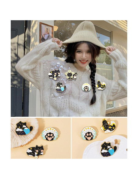 Conjunto de 5 Pines de Esmalte de Gato Negro Fsmiling