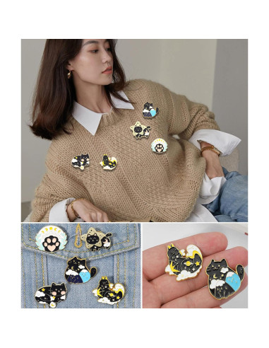 Conjunto de 5 Pines de Esmalte de Gato Negro Fsmiling