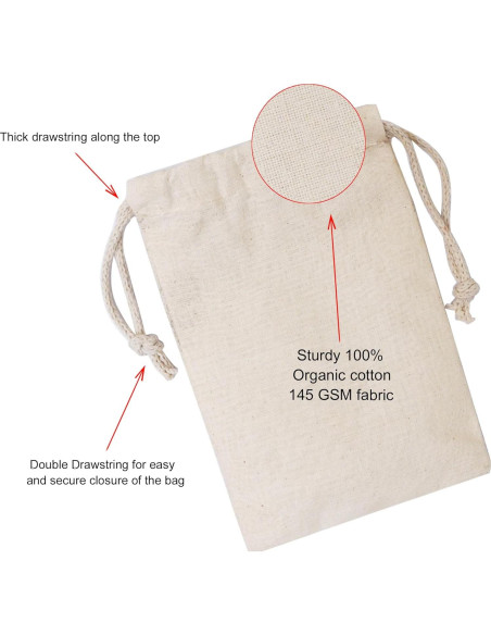 100 Bolsas de Muselina de Algodón 20x25 cm Reutilizables Premium
