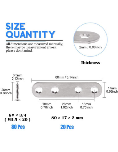 Glarks Soportes Planos Rectos Acero Inoxidable 80mm 20 Pcs