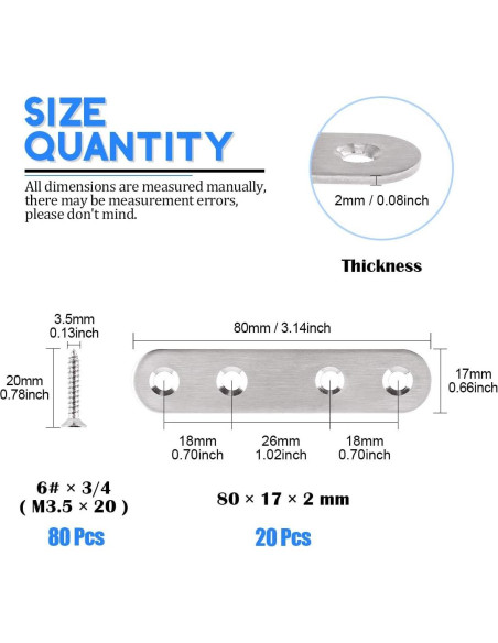 Glarks Soportes Planos Rectos Acero Inoxidable 80mm 20 Pcs