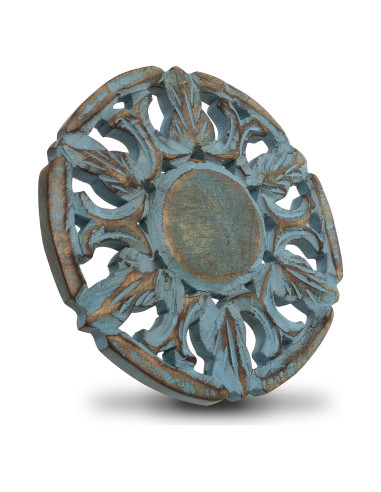 Trivet Redondo de Madera de Mango Azul Lavado 15 cm - The Great Indian Bazaar