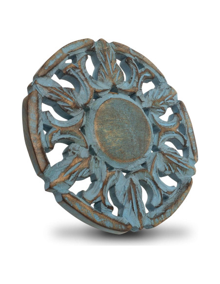 Trivet Redondo de Madera de Mango Azul Lavado 15 cm - The Great Indian Bazaar