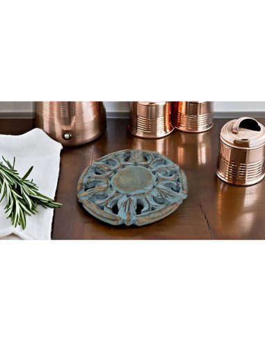 Trivet Redondo de Madera de Mango Azul Lavado 15 cm - The Great Indian Bazaar