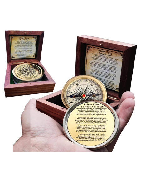 Brújula de Bronce Antiguo con Poema de Robert Frost - Regalo Inspirador