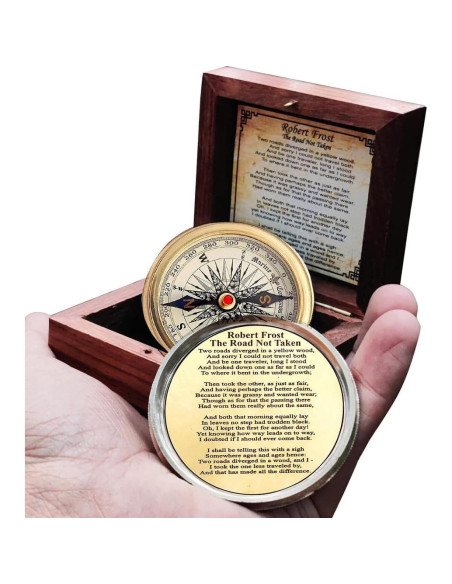 Brújula de Bronce Antiguo con Poema de Robert Frost - Regalo Inspirador